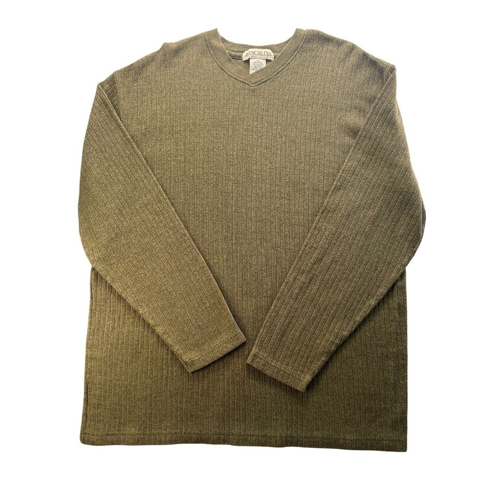 Vintage Benchline L Knit Sweater Fisherman Ribbed Crewneck‎ Pullover Mens Olive